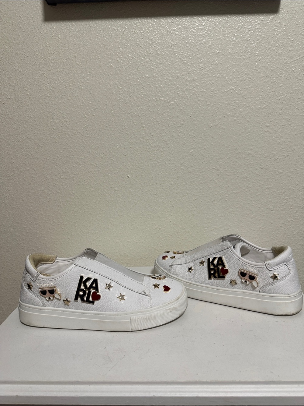 Karl Lagerfeld White Slip-On Sneakers with Gold Star & Red Heart Appliqués